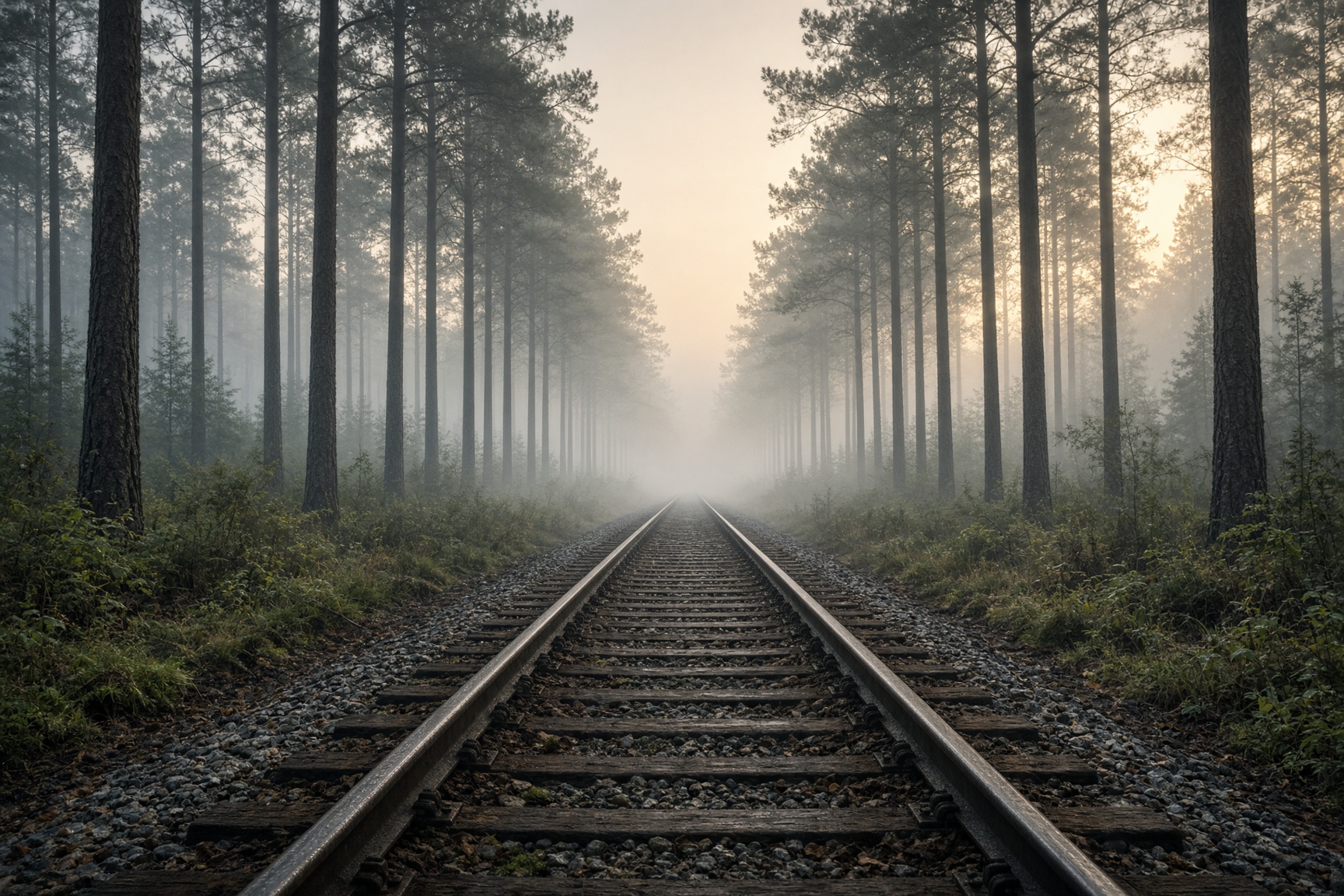 A quiet railroad track receding through a misty pine forest at dawn