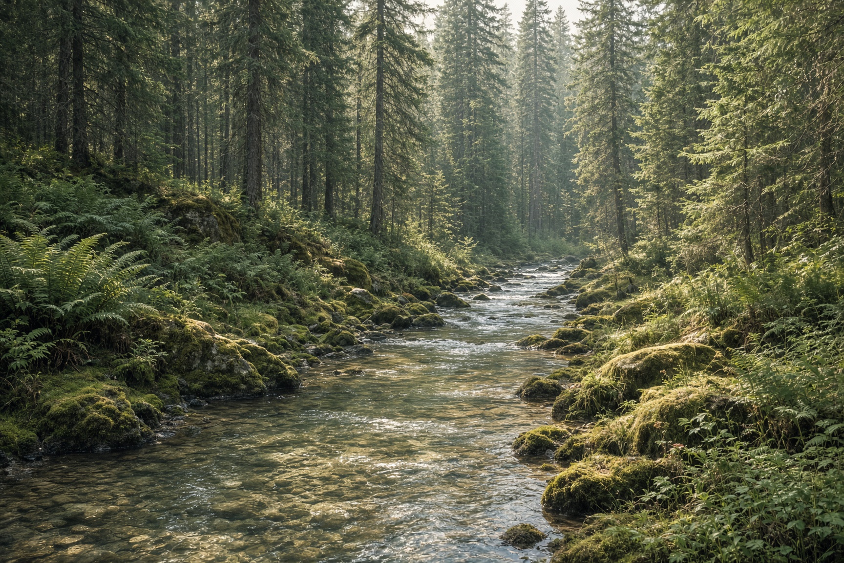 A clear mountain stream winding through a lush pine forest